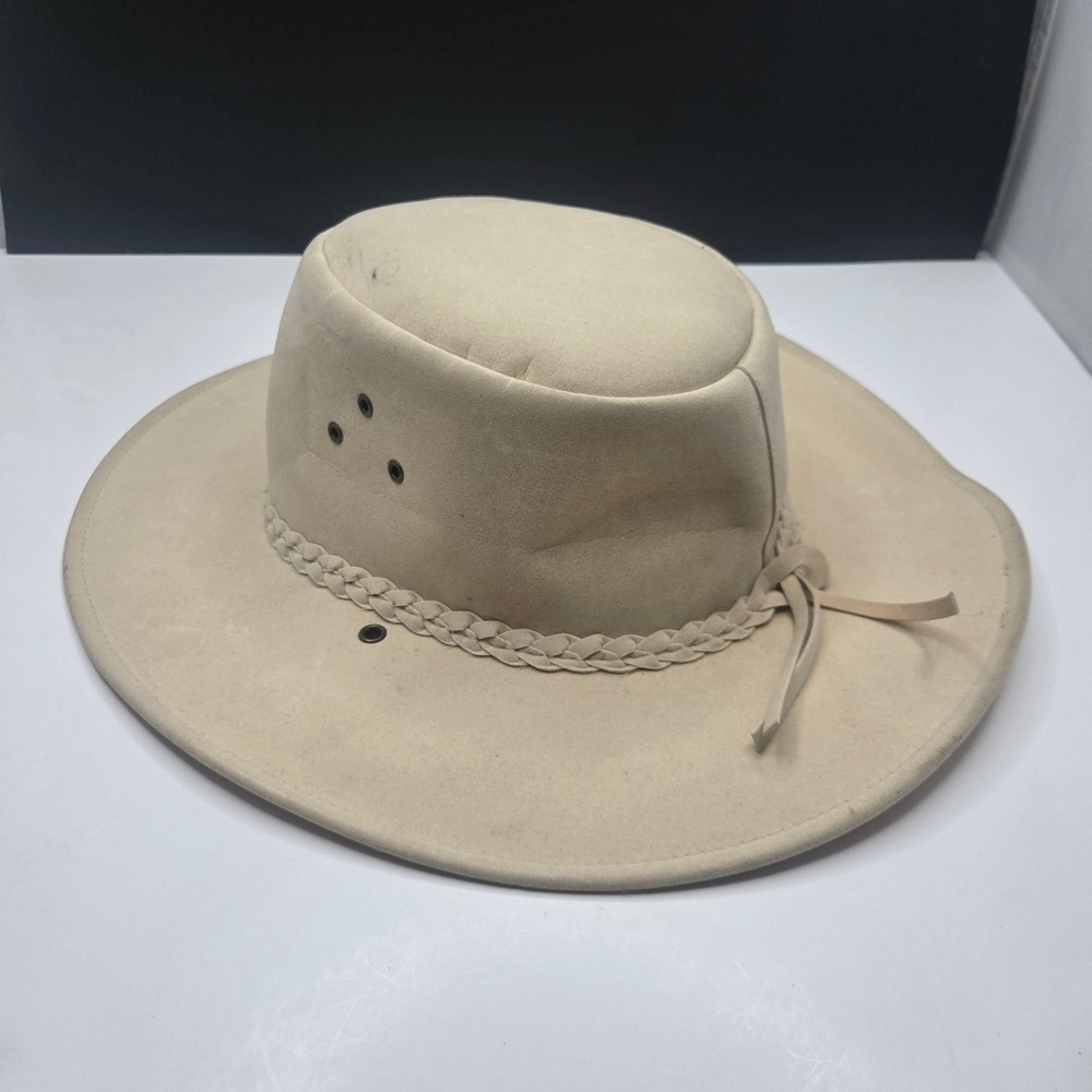 Kakadu Australia Outback Hat 5H31 Size M Tan Faux Suede Braided Band Wide Brim